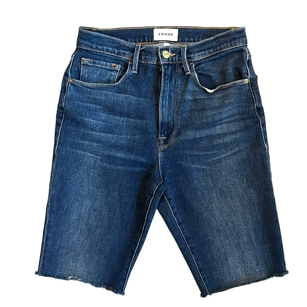 Frame Women’s Sz 27 High Rise Shorts Bermuda Jorts Medium Wash Denim Frayed Hem
